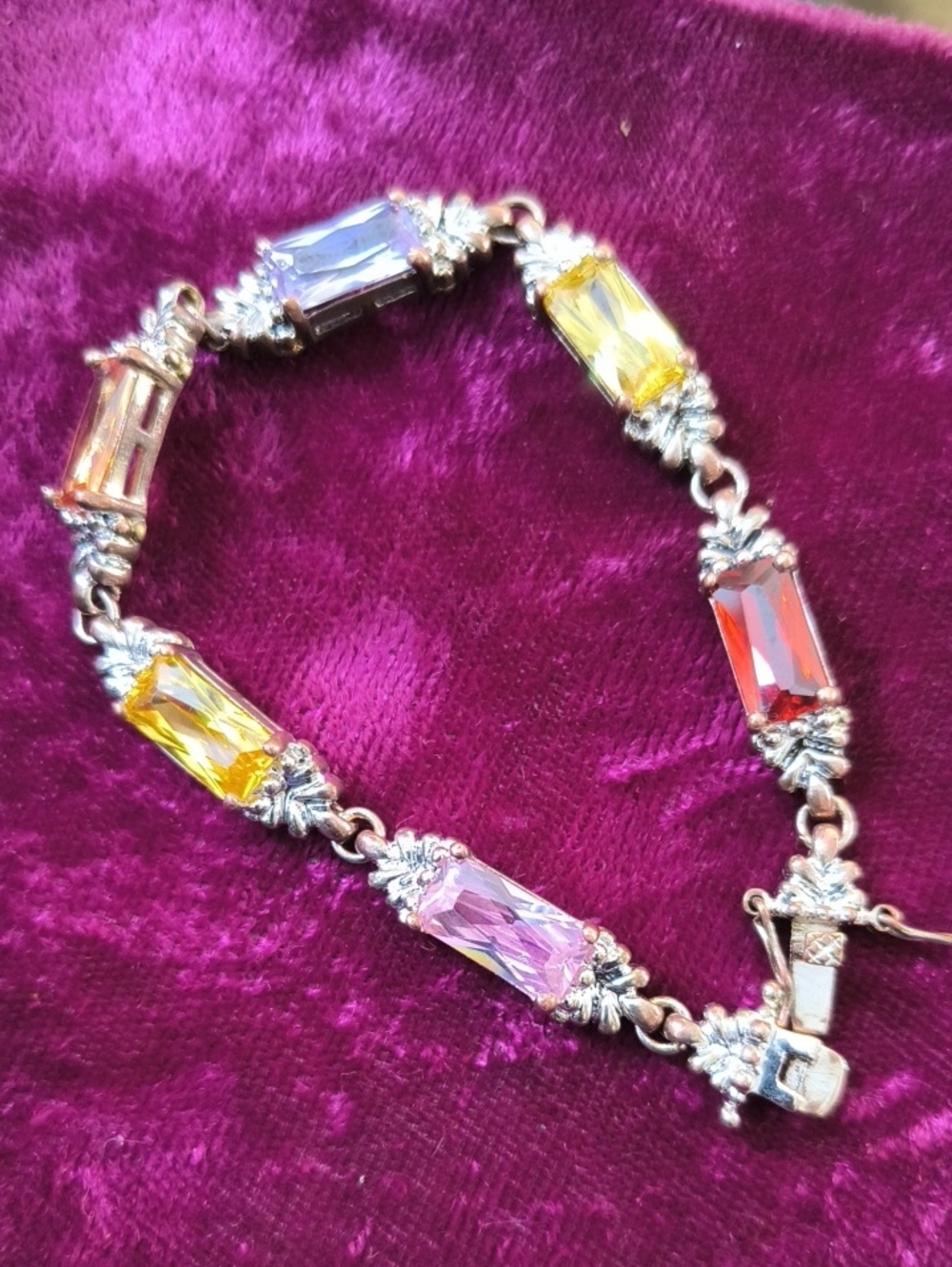 Vintage 925 Sterling Silver Oxidized Multi Gemstone Baguette Bracelet Boho State